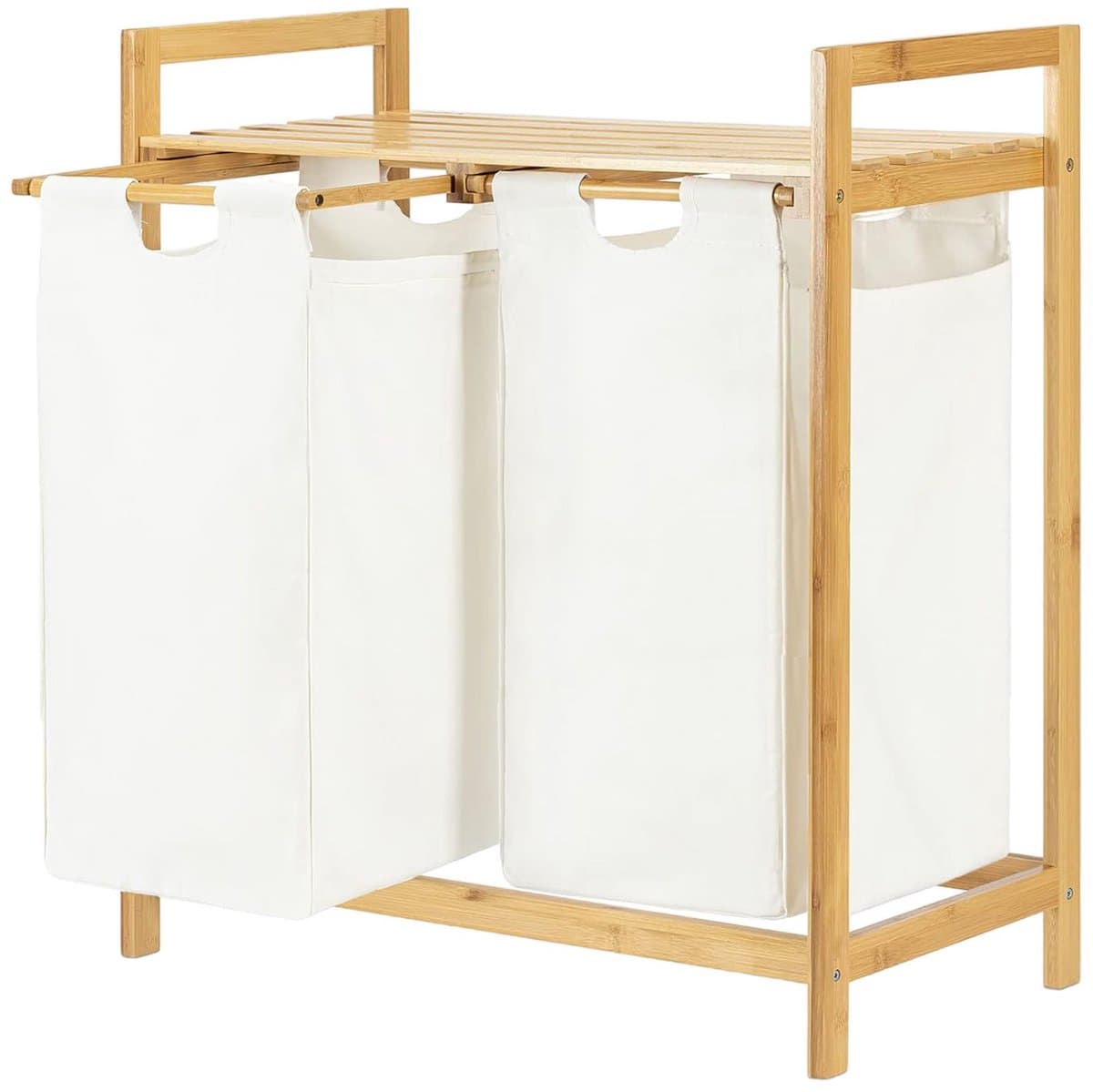 Intirilife Wasmand Uittrekbar van bamboe met 2 vakken - tweedelige waszak - uittrekbare, afneembare waszakken van katoen - dubbele wasmand met opbergvak - wassorteerder - scheiden en sorteren — afbeelding 1