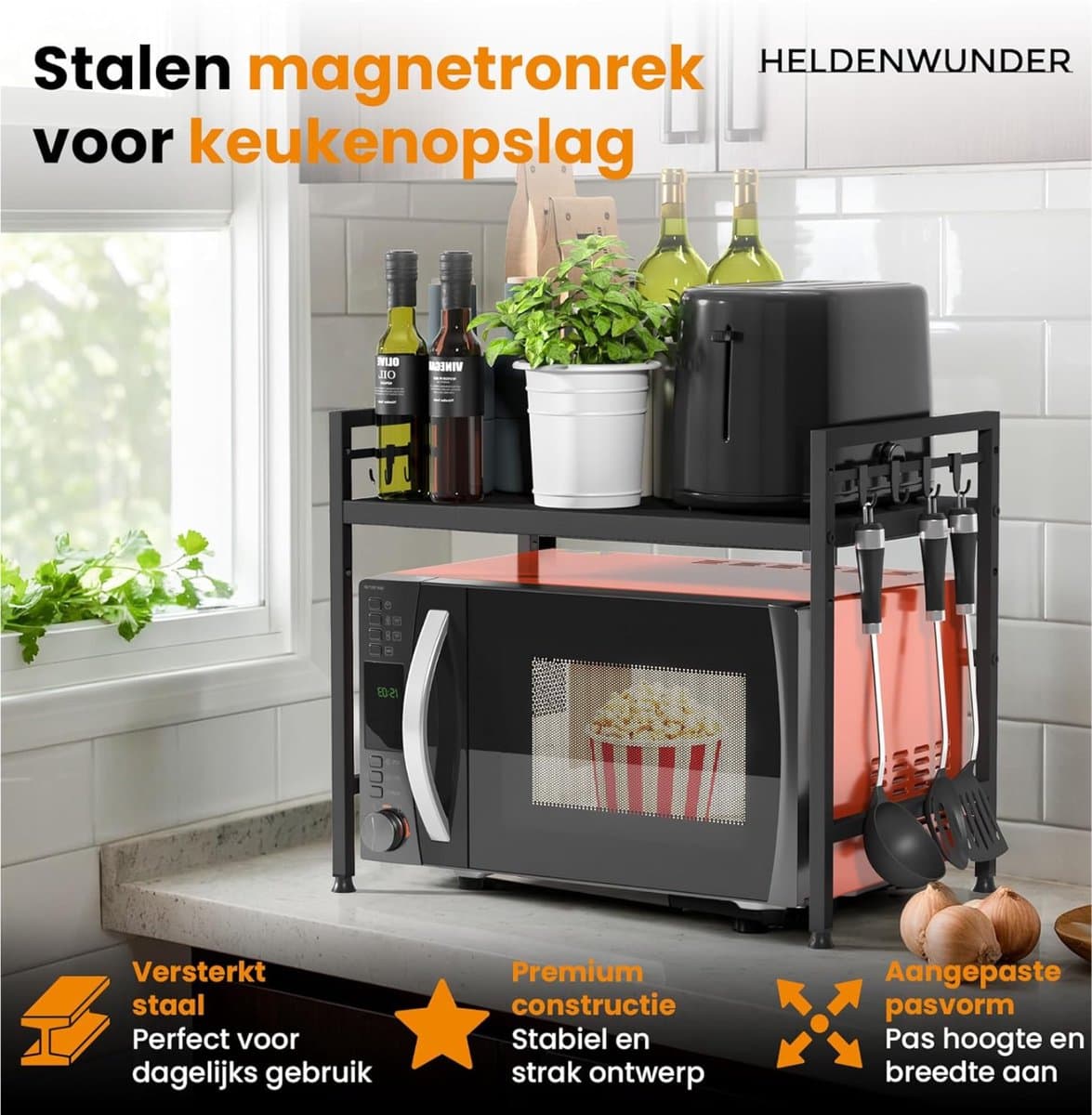 Magnetronrek (2 standen) – zwart – hoge stabiliteit met antislip en rubberen voetjes – in hoogte en lengte verstelbaar magnetronrek van 40–64 cm – inclusief gereedschap, handleiding en 8 haken — afbeelding 1
