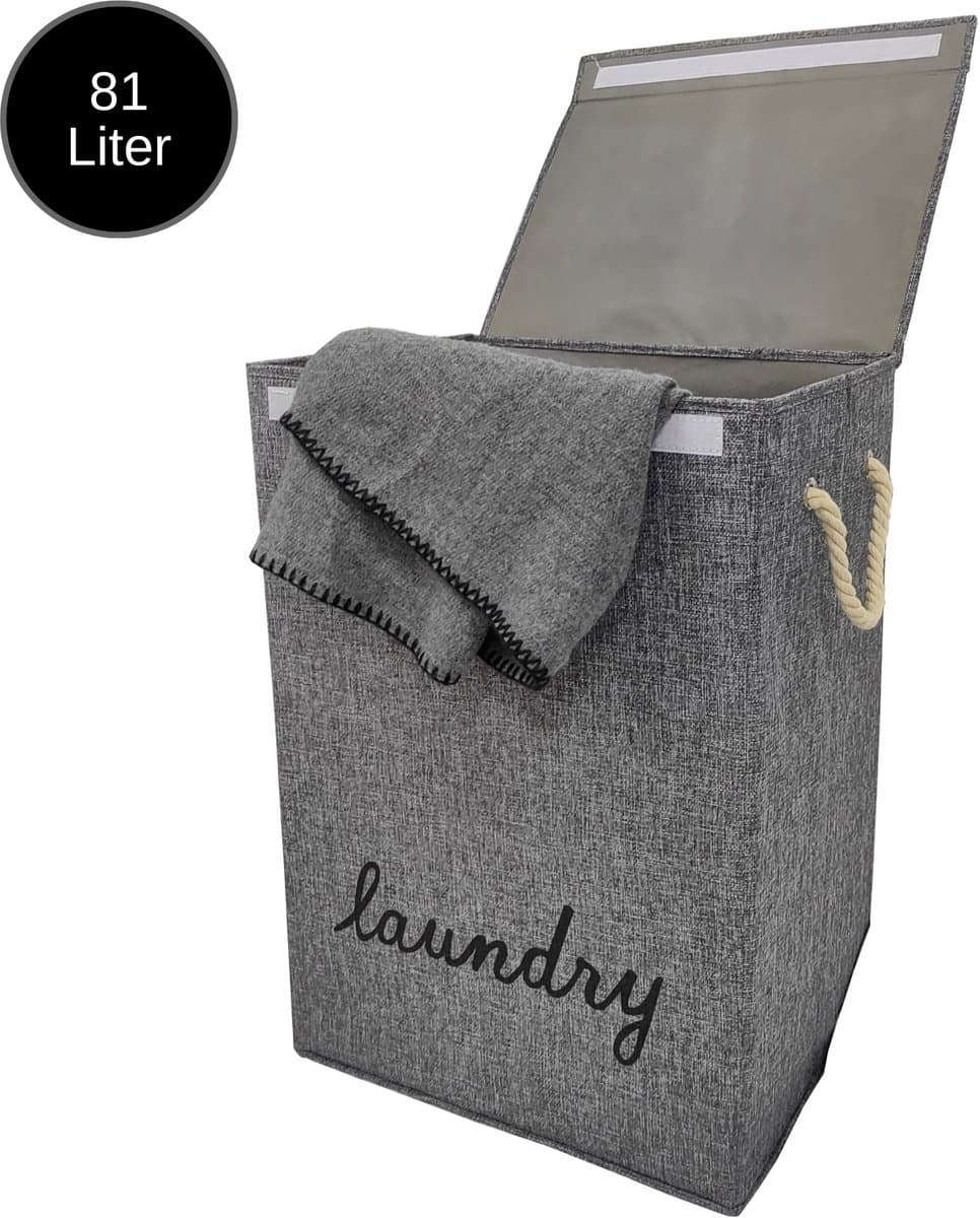 Janse® Wasmand grijs met zwart - Stevige opvouwbare wasmand met deksel - 81 Liter - Met handvatten - Laundry basket - Badkamer organizer - Opbergbak - Ruime wassorteerder — afbeelding 1