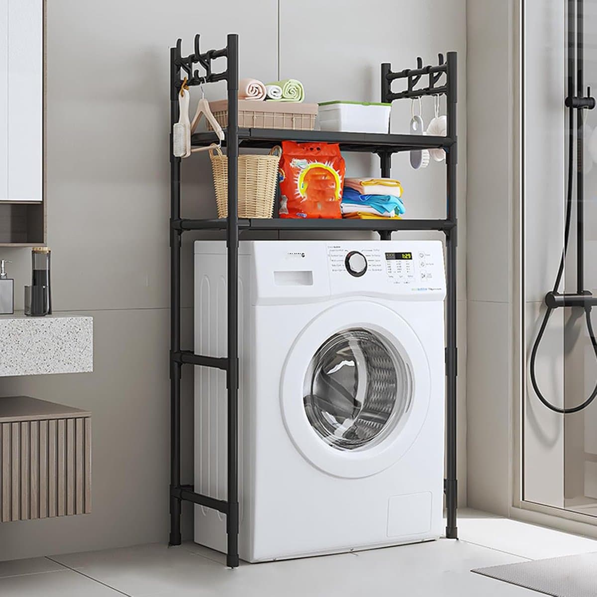 Multifunctional washing machine rack, space-saving storage rack for bathroom, dryer and washing machine, ideal for kitchen, balcony and laundry room — afbeelding 1