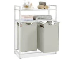 Wasmand 2 Vakken - Wassorteerder - Met 2 Planken - Uittrekbare Waszakken - 92L Capaciteit - Wit