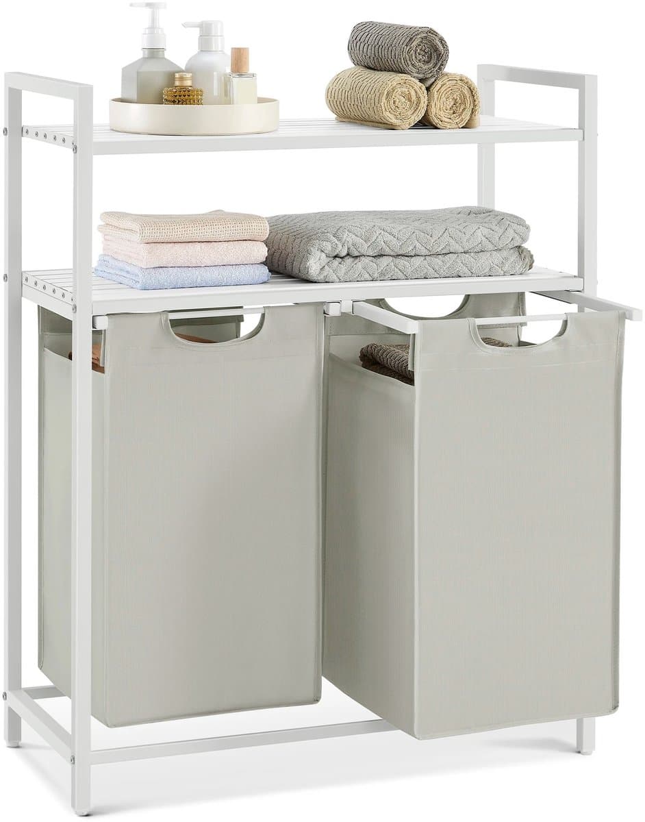 Wasmand 2 Vakken - Wassorteerder - Met 2 Planken - Uittrekbare Waszakken - 92L Capaciteit - Wit — afbeelding 1
