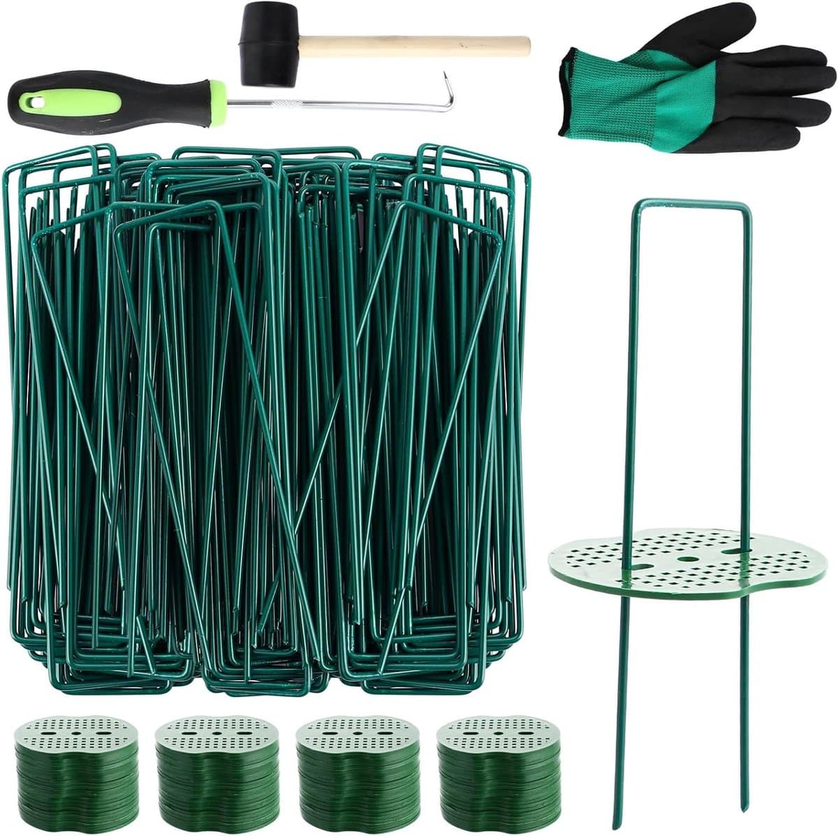 Grondankers Set met Bufferschijven, Anti-roest Verzinkt, U-vormig, Tuin Haringen, Onkruidbarrière, Tent Accessoires, Groen - 100 stuks — afbeelding 1