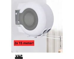 V&P Products® Waslijn uittrekbaar wit - Waslijndraad - 2x 15 meter - Wasdraad - Uittrekbare Waslijn - Roldrooglijn voor buiten en binnen - automatische waslijn - wand droogrek