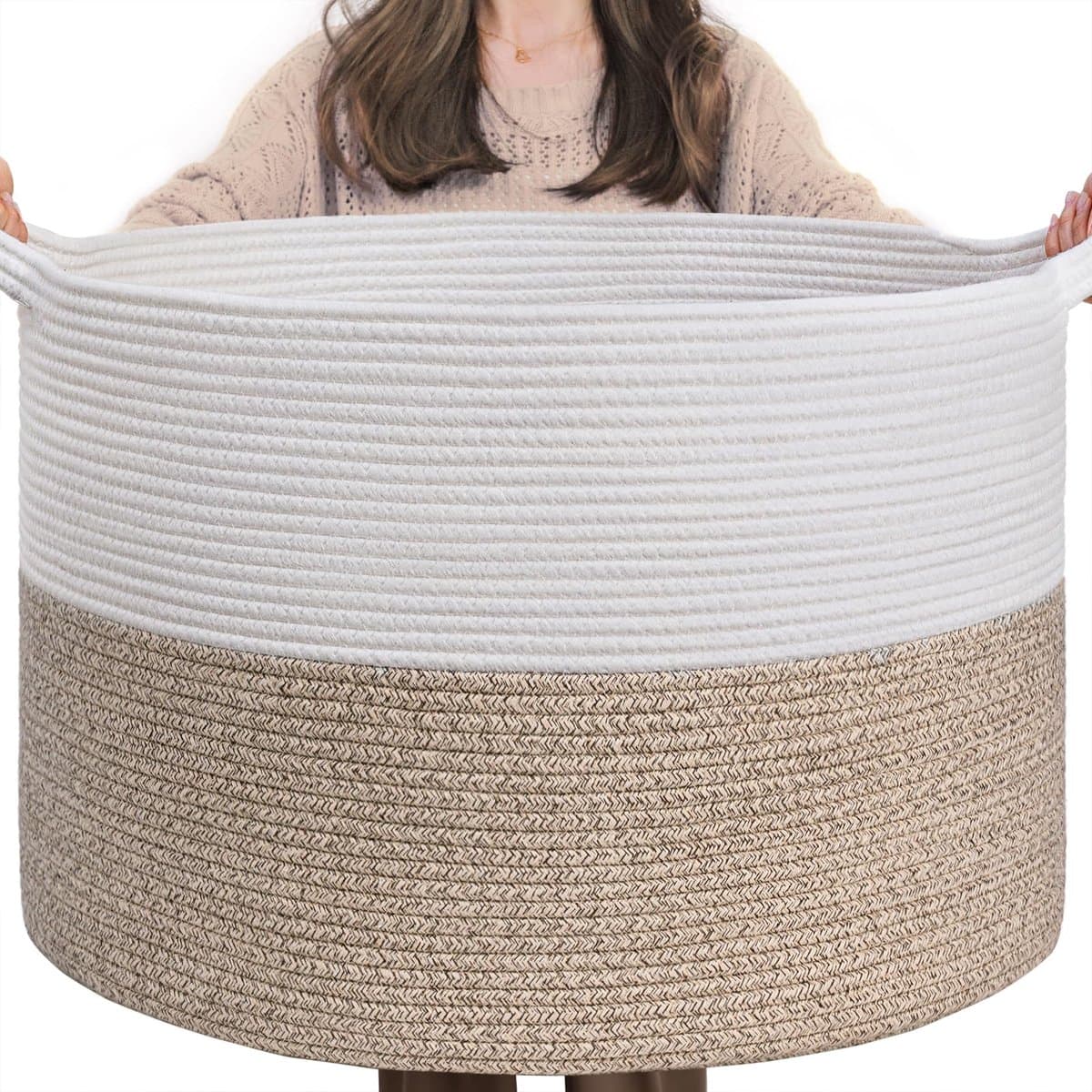 XXL grote wasmand, opbergmand, opbergmand voor de kinderkamer, wasmand voor kinderen, grote kerstboommand, dekenmand, 55x35cm, wit en bruin — afbeelding 1