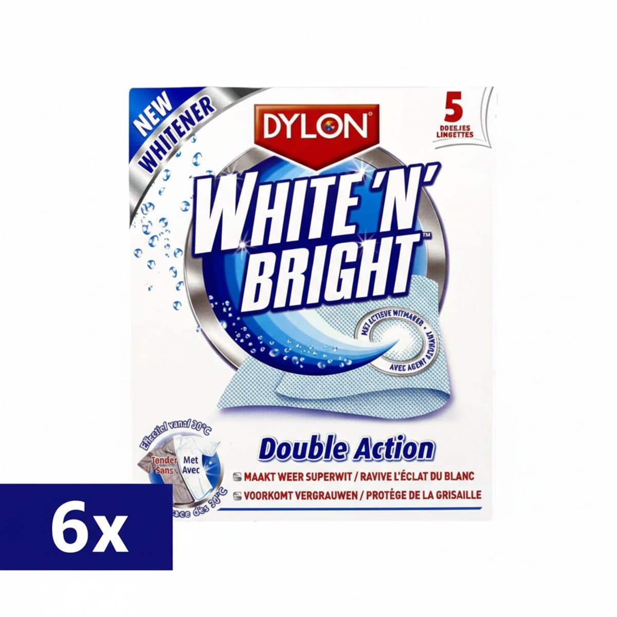 6 x Dylon White & Bright Vlekverwijderaar – Superwit & Vlekkeloos Wasgoed – Verwijdert Vlekken & Grauwe Waas – 5 Doekjes Voordeelverpakking — afbeelding 1