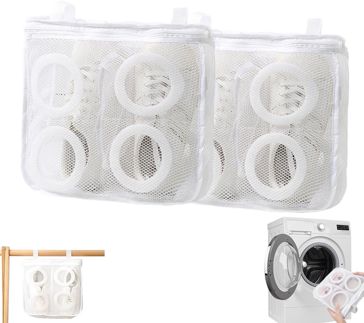 2 stuks Schoenwaskous met ringe - Sneaker waszak - Schoenbeschermer voor de wasmachine - Herbruikbaar - Waszak van mesh met ritssluiting - beschermend wasnet geschikt voor machinewassen en - drogen - 28*24.5*8cm — afbeelding 1