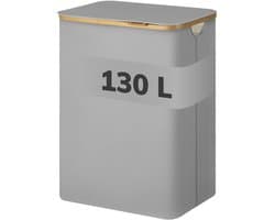ACAZA Wasmand Met Deksel - 2 Vakken - 130 L - Bamboe - 52 x 38,5 x 70,5 cm - Grijs