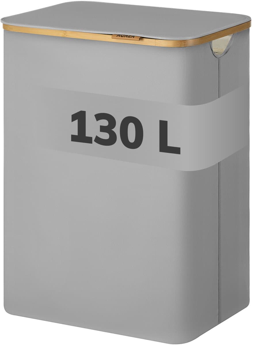 ACAZA Wasmand Met Deksel - 2 Vakken - 130 L - Bamboe - 52 x 38,5 x 70,5 cm - Grijs — afbeelding 1