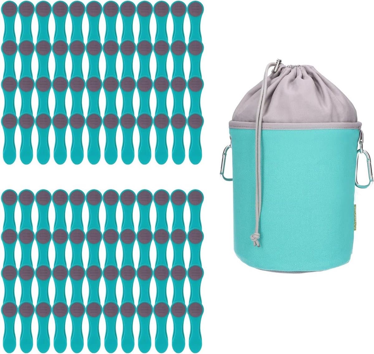 Set van 96 wasknijpers met roestvrijstalen veren en canvas opbergzak in turquoise grijs — afbeelding 1