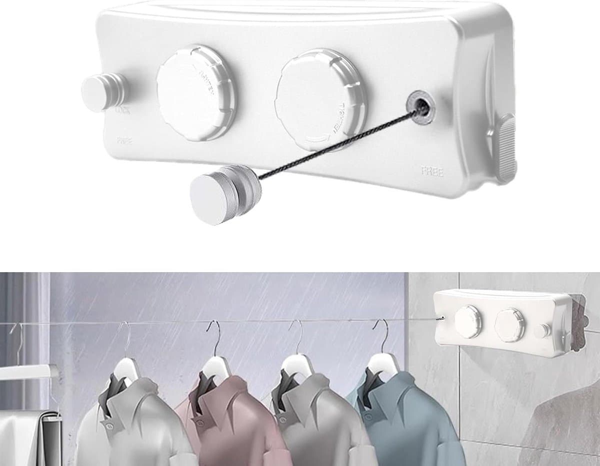 Allecto Plus - Uittrekbare Waslijn 51m - Duo Reel - Wandgemonteerde Binnenwaslijn voor Balkon en Badkamer met Roestvrij Staal Dubbel Touw — afbeelding 1