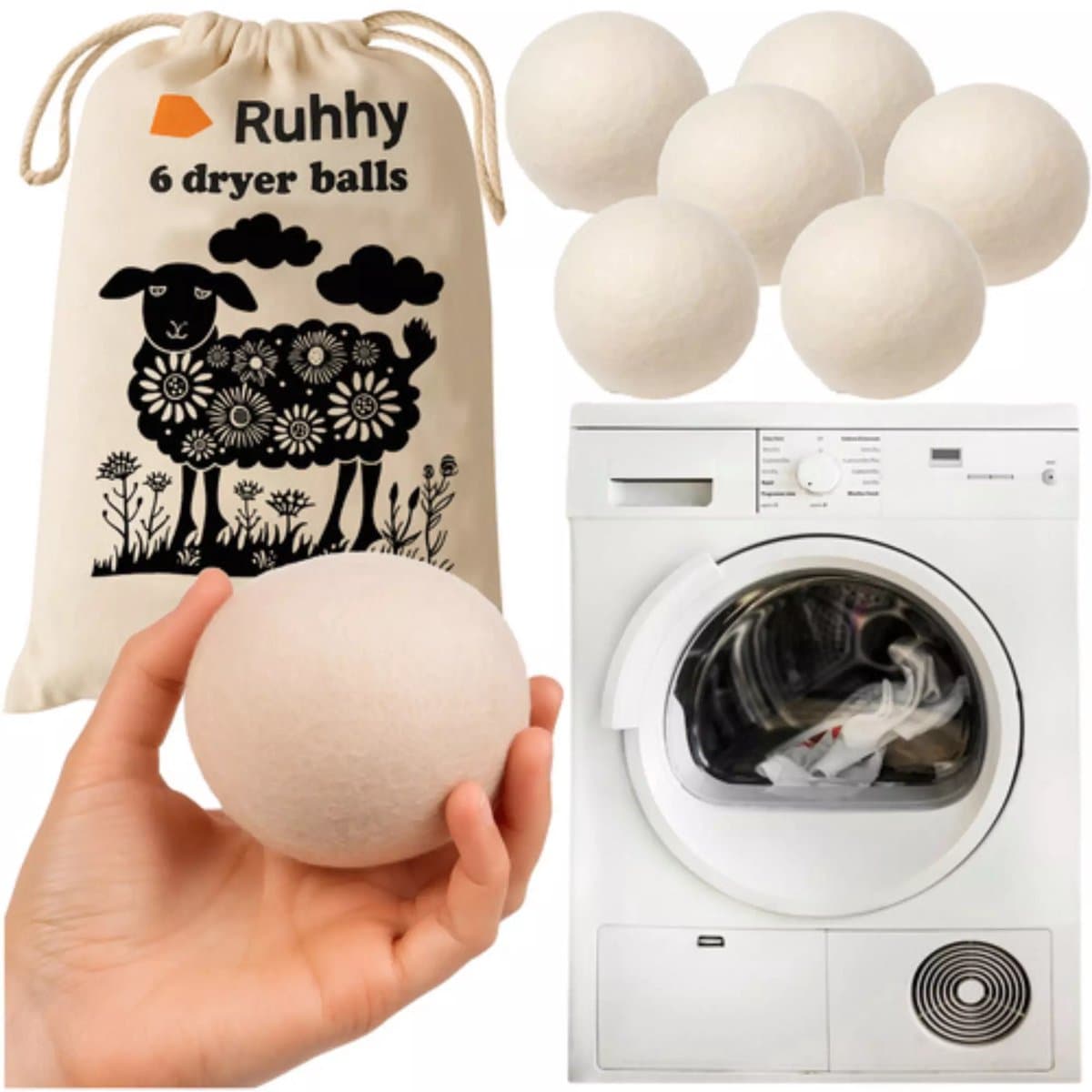 Ruhhy 6‑pack wollen drogerballen – 30% sneller drogen - 100% wol, herbruikbaar tot 1000x — afbeelding 1