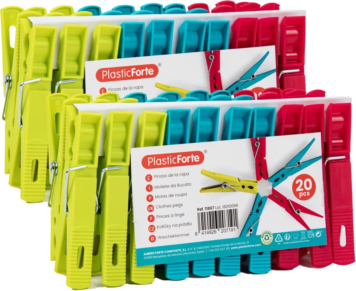 Plasticforte Wasknijpers - 40x stuks - felle kleuren mix - kunststof - 7 cm - Was ophangen — afbeelding 1