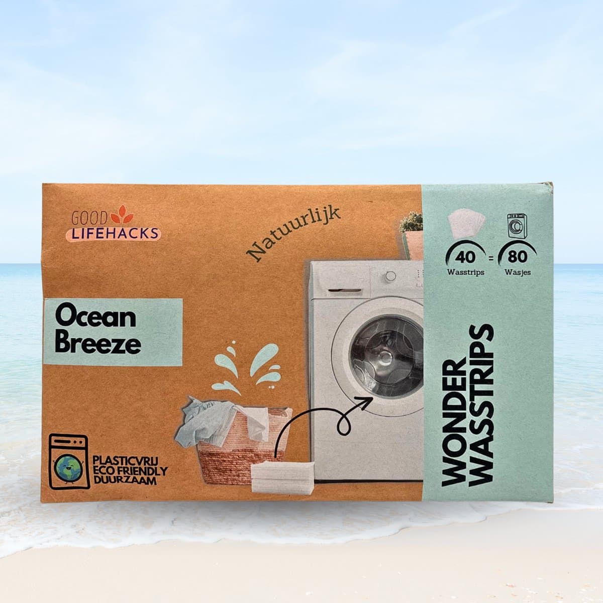 Good Lifehacks Wonder Wasstrips - Wasmiddel & Wasverzachter - Wasmiddeldoekjes - 80 Wasvellen - Plastic Vrij - Biologisch Afbreekbaar - Zero Waste - Hypoallergeen - Ocean Breeze — afbeelding 1