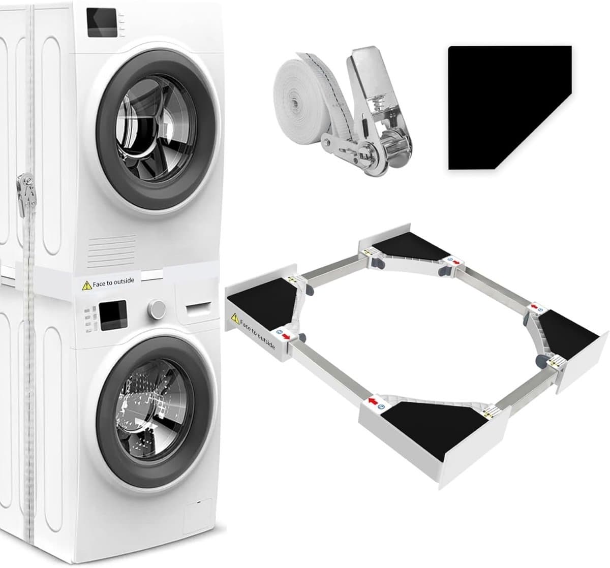 TOVBMUP Stapelkit voor wasmachine en droger - Accessoires voor wasmachine en droger - Basis voor wasmachine - Met ratelkoord - Universeel - Verstelbare maat 46-66 cm — afbeelding 1