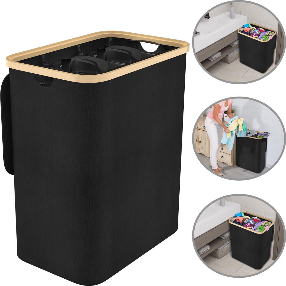 Wasmand met Deksel en 3 Wasbare Zakjes – 140L Oxfordstof Compartimenten – Voor Wasruimte en Badkamer — afbeelding 1