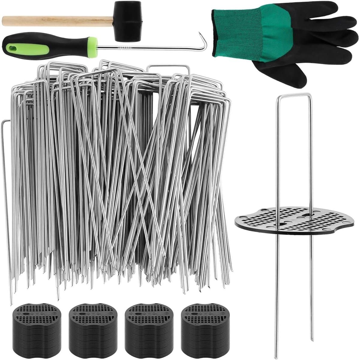 Allecto plus - Grondankers en bufferschijven voor tuin onkruidbarrière - 100 stuks - Anti-roest verzinkt - U-vormige haringen - 150 x 35 mm — afbeelding 1