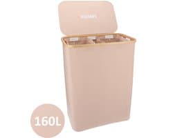 KROMS Wasmand 3 vakken - Zand - 160L - Extra groot model - Inclusief NL & EN Labels – Wassorteerder bamboe - Laundry basket - Wasmand met deksel - Opvouwbaar