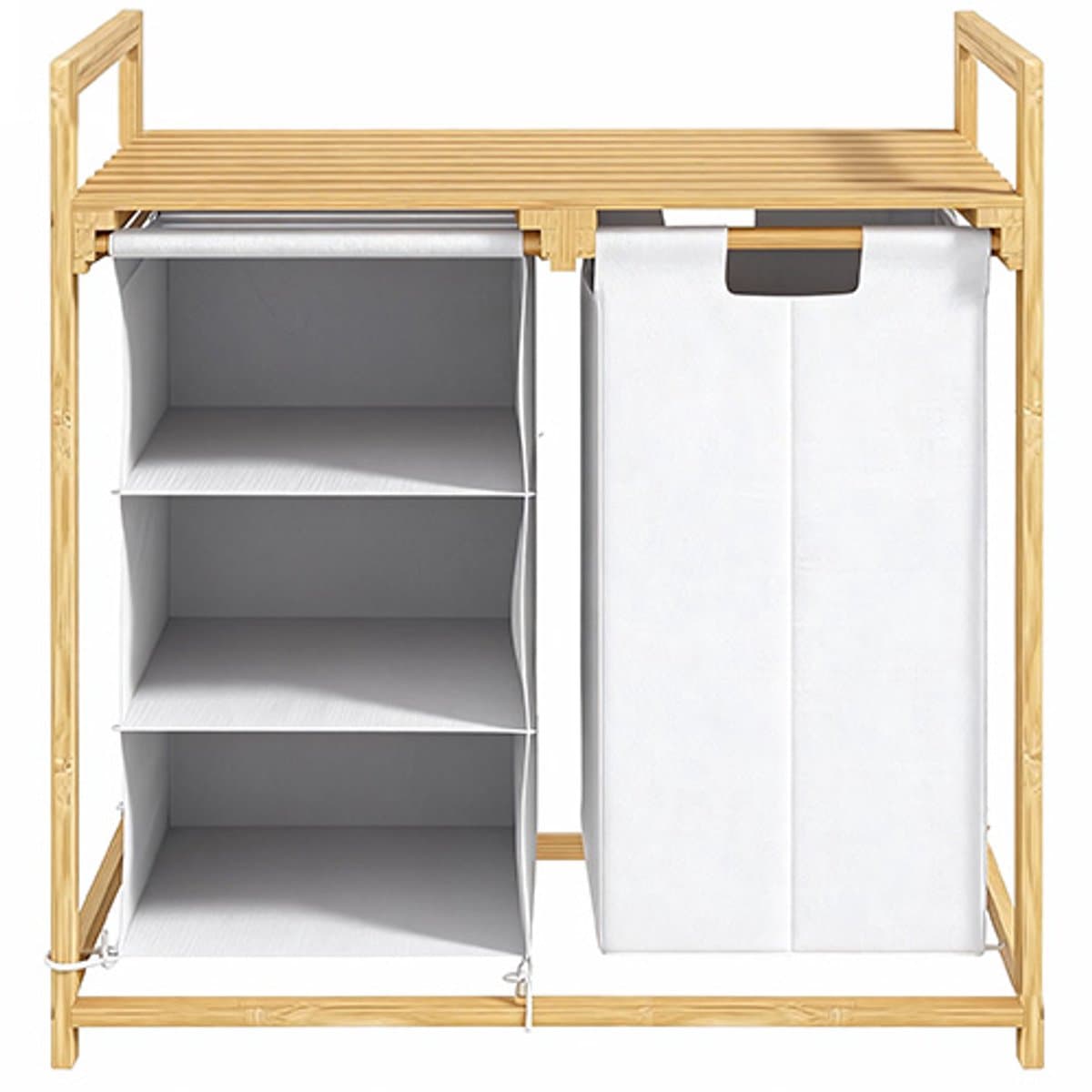 Wasmand, 4-vaks wasopslagdoos, met 2 uittrekbare en afneembare waszakken, met opbergrek, wasmand met handgrepen, geschikt voor slaapkamer, woonkamer, toilet, 70 x 36 x 70 cm, houtkleur, bamboe — afbeelding 1