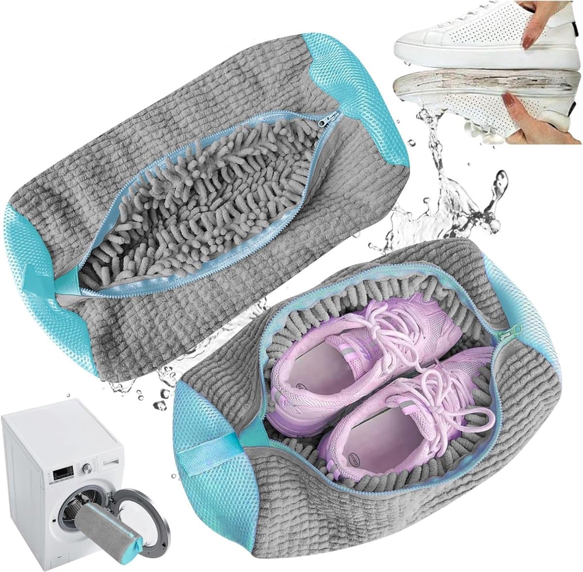 Schoenenwaszakken - 2-pack herbruikbare schoenenwaszakken - Geschikt voor wasmachine en droger - Reinigingszakken voor sneakers en tennisschoenen - Met rits - Voering van zachte stof - 360° dieptereinigingsset (grijs) — afbeelding 1
