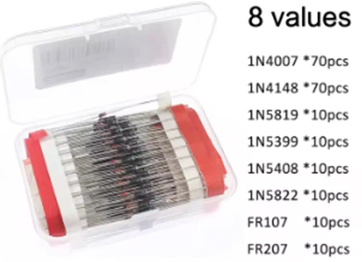 Diode assortiment set 200 stuks 8 waarden 1N4148 1N4007 1N5399 FR107 FR207 1N5819 1N5408 1N5822 — afbeelding 1