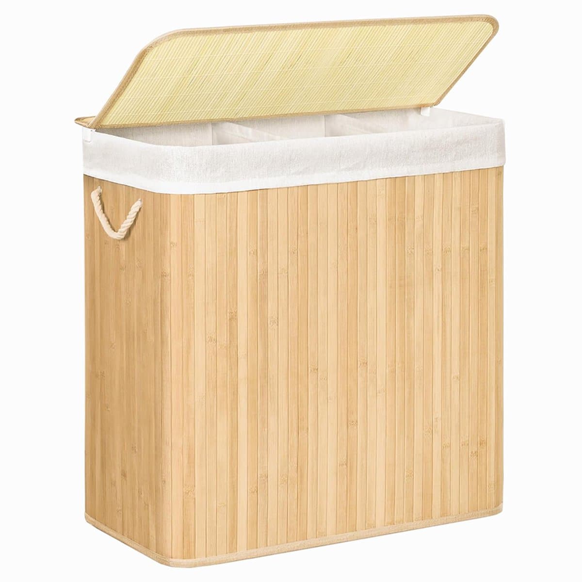 Bamboe Wasmand 150L met Deksel en 3 Compartimenten – Opvouwbare Wasmand met Uitneembare Binnenzak – Stevig, Duurzaam & Groot Formaat — afbeelding 1