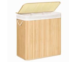 Bamboe Wasmand 150L met Deksel en 3 Compartimenten – Opvouwbare Wasmand met Uitneembare Binnenzak – Stevig, Duurzaam & Groot Formaat