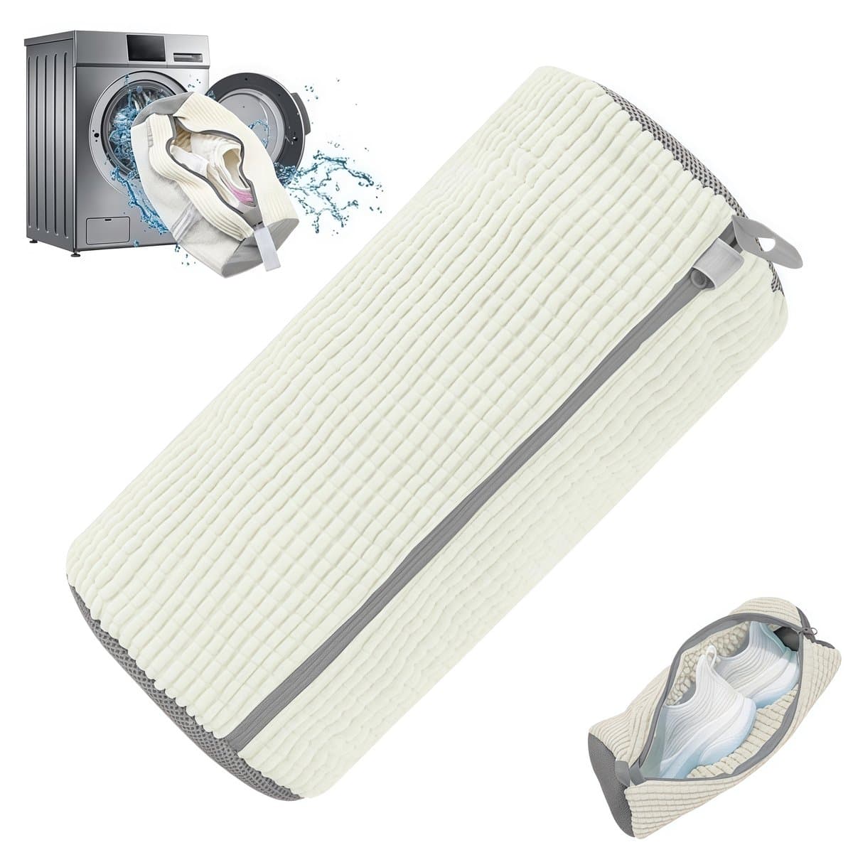 1 stuk - Schoenenzak - Waszak - Schoenwaszak - Schoenen waszak - Met 360° reinigingsfleece en ritssluiting - Herbruikbare netschoenen - Waszak - Voor wasmachine en droger - Gebroken wit - 19*39 cm — afbeelding 1