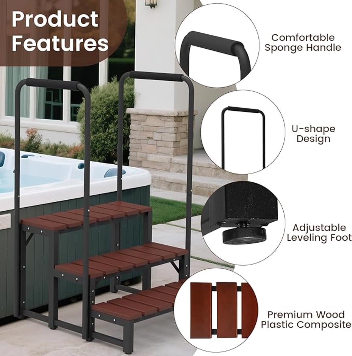 Whirlpool-trap met dubbele leuningen – 3-traps spa-treden voor whirlpool en zwembad – Afneembare U-vormige leuning, antislip treden, verstelbare voet, draagvermogen van 204 kg – Novihome Spa Step Deluxe — afbeelding 1
