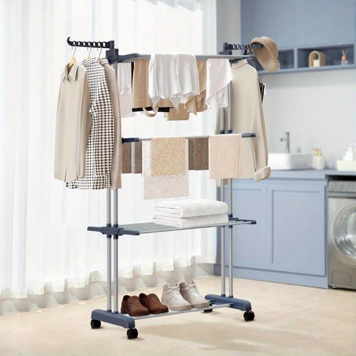 3-Laags Wasdroogrek met Verstelbare Stangen en Wielen – Opvouwbaar Droogrek met Hangers – Geschikt voor Binnen & Buiten — afbeelding 1