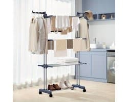 3-Laags Wasdroogrek met Verstelbare Stangen en Wielen – Opvouwbaar Droogrek met Hangers – Geschikt voor Binnen & Buiten