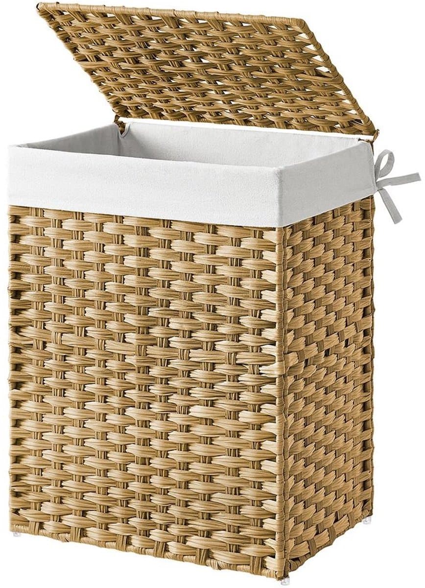 Handgeweven wasmand 90 L - synthetisch rotan - deksel en handvatten - opvouwbaar - afneembare waszak - natuurlijke kleur — afbeelding 1