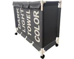 Lowander wasmand met deksel 120 liter - Wassorteerder met 4 vakken - Op wieltjes - Dark Light Towel Color - Wasverzamelaar met zwenkwielen - Grijs / Wit — afbeelding 1