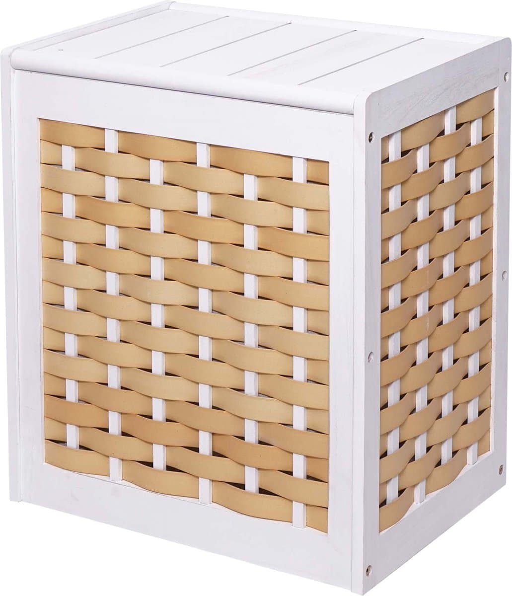 Wasmand MCW-G37, wasverzamelaar wassorteerder wasbox, massief houten shabby-look rieten 61x51x35cm ~ wit — afbeelding 1