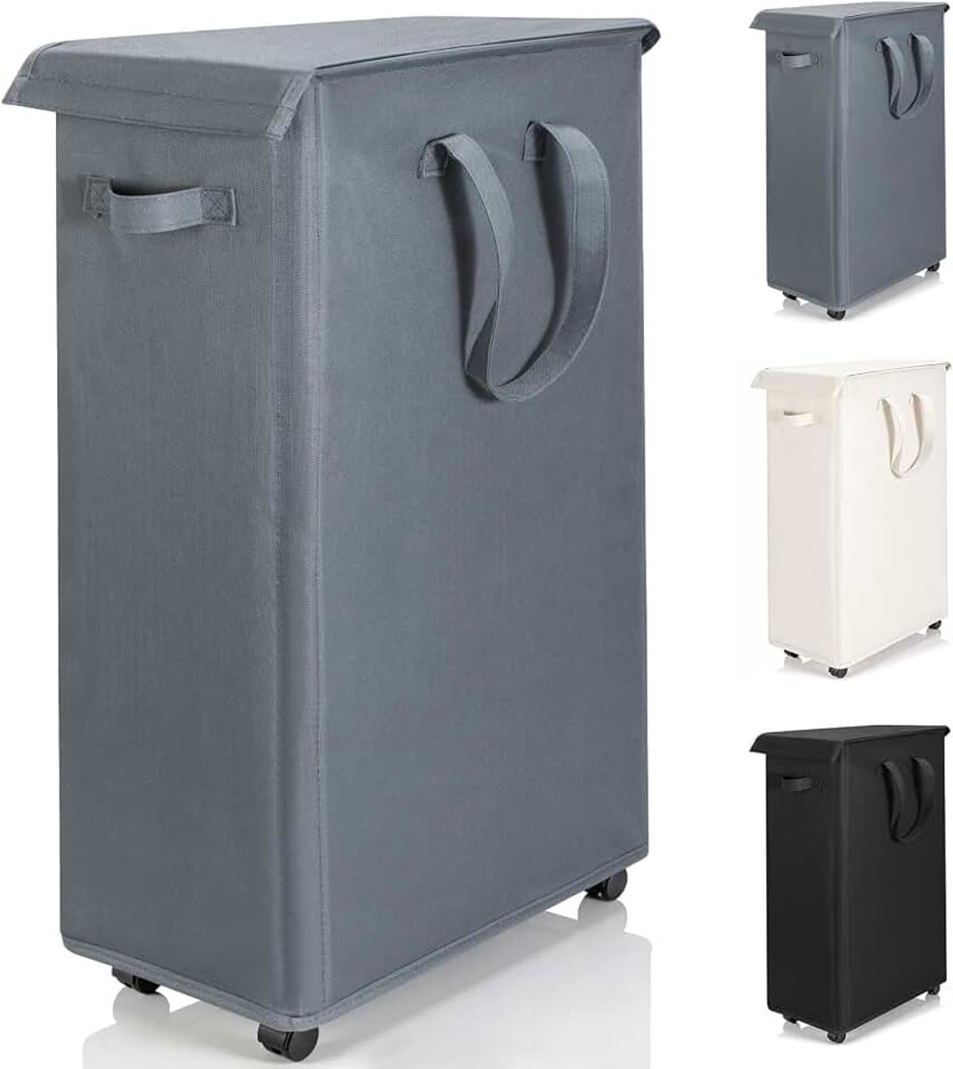 wasmand met deksel en wielen 55L - Opvouwbare dunne wasmachine oxford doek opbergmand met lange handgreep, geschikt voor slaapkamer, badkamer, wasruimte (Grijs) — afbeelding 1