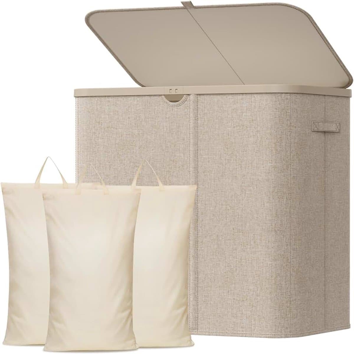 Wasmand met Deksel, Grote Opvouwbare Wasmand 3 Vakken met Uitneembare Zakken, Laundry Basket voor Slaapkamer, Badkamer, Studentenhuis en Wasruimte, 145L, Beige — afbeelding 1