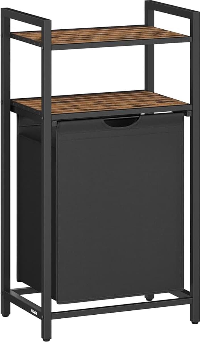 Wasmand, vuile wasmand, opslag 1 vak, 1 afneembare zak van Oxford-stof, 2 planken, metalen frame, 65 l, rustiek bruin en zwart BLH212B01 — afbeelding 1