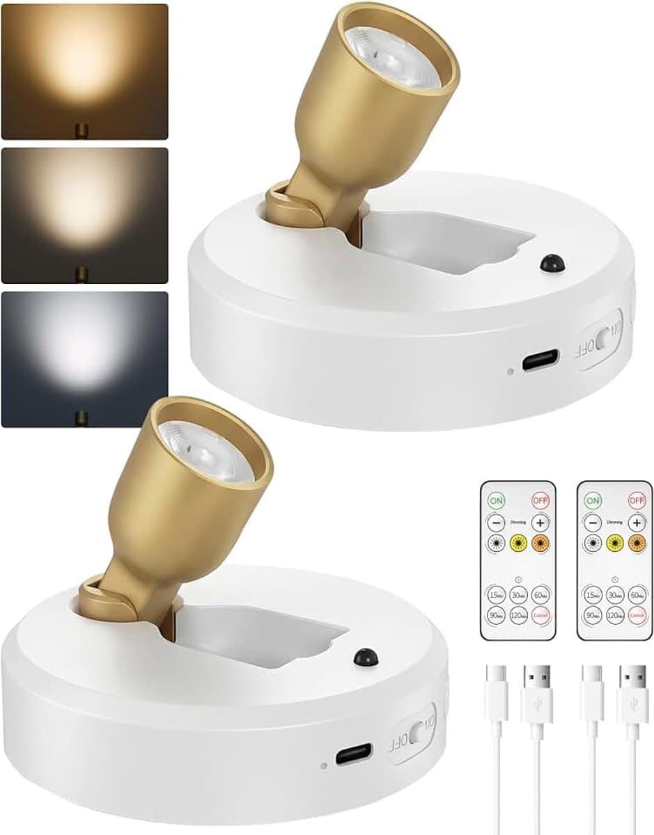 Draadloze spotlight met afstandsbediening, 4000 mAh accu, 3 kleurtemperaturen, oplaadbare wandspot, led-spots, accu voor schilderijen, kunst, planten, portretten (wit, set van 2) — afbeelding 1