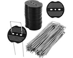 SnelShoppen - Weed Cloth, U-vormige Grondankers, 50 Grondankers + 50 Bufferdiscs, Tuin, Groentetuin, 150 x 40 mm, Galvaniseerd, Sterk en Duurzaam