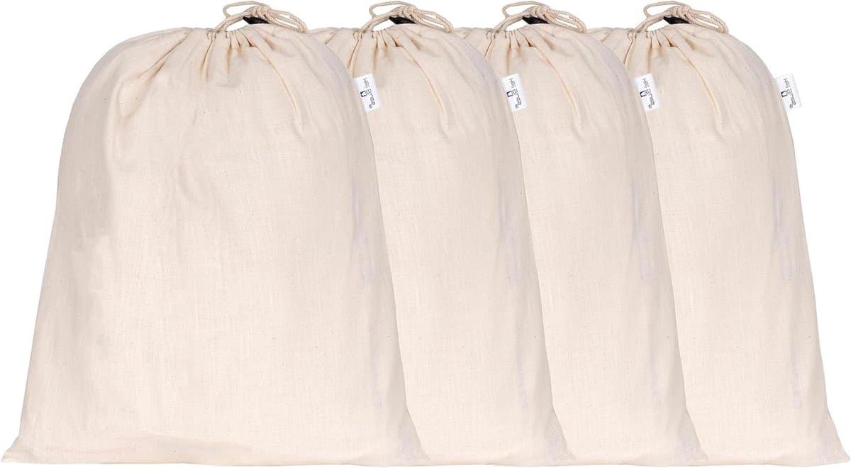 Linnen Opbergzakken - Trekkoord Zakken - Voedsel Bewaren - Ademend Materiaal - 4 Stuks 13x15 - Beige — afbeelding 1