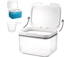Houder voor waspoeder, dispenser voor wasmiddel, 2,8 l | Inclusief etiket, afwasmiddel dispenser en deksel, geschikt voor wasmiddelcapsules, wasmiddel en meel, transparant wit