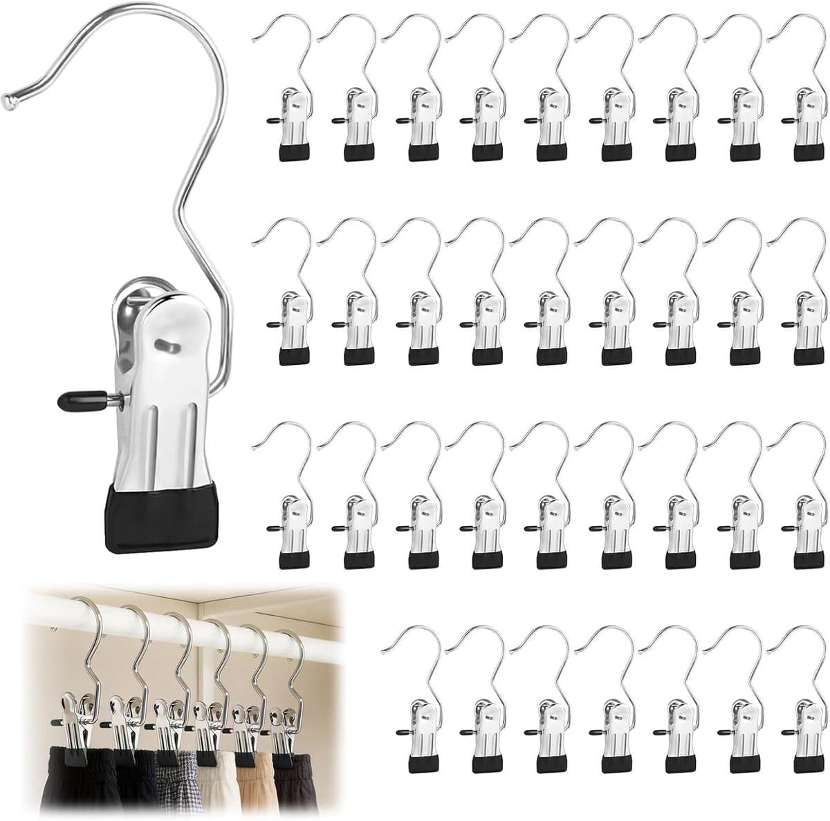 Wasknijpers, roestvrij staal, zwart, 360° draaibare metalen klemmen, antislip, klemhaak, haak voor kleding, broeken, schoenen, laarzen, handdoek, robuuste metalen klemmen voor binnen en — afbeelding 1