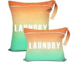 Reiswaszak Set, Grote Tas voor Linnen en Kleine Waszak, Waterdichte Tas met Handvatten voor Vuile Was en Nat Kleding (Verloop van Oranje naar Lichtgroen)