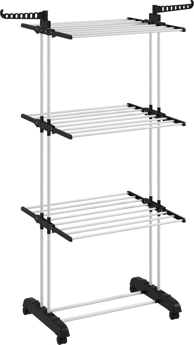 Opvouwbaar droogrek op wielen - 3 niveaus - stalen frame - met uitklapbare zijvleugels - 73 x 64 x 177 cm - zwart/zilver — afbeelding 1