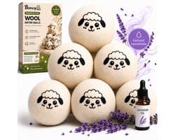 Boncy® Drogerballen - 6 Stuks XXL Droogballen voor Wasdrogers - 100% Schapenwol Wasdrogerballen Inclusief Lavendel Olie - Energiebesparend & Duurzaam Cadeau - Wasballen voor Wasdroger Droogtrommel - Dryer Balls Wol Droger Ballen - Wasbol Wasbollen