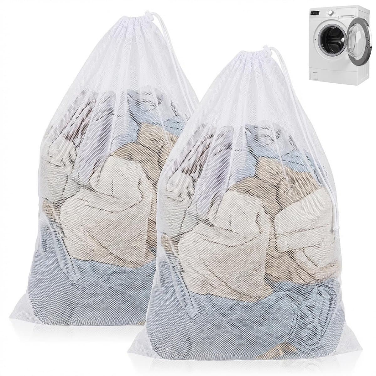 Wasnetten voor Wasmachine met Trekkoord, Fijnmazige Waszak voor Beddengoed, Knuffels en Opbergen, Wit — afbeelding 1