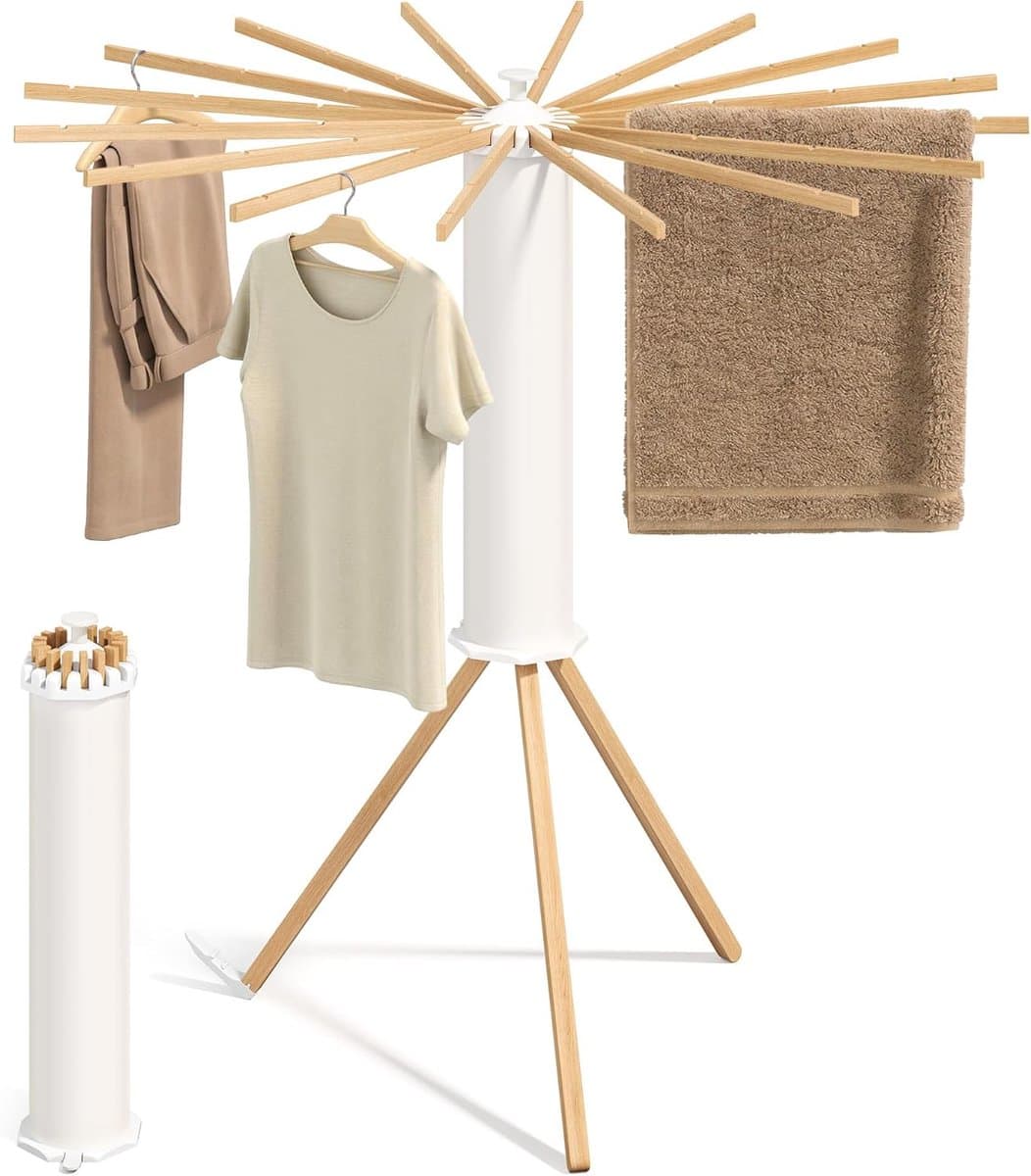 SONGMICS LLR530YW01 Opvouwbaar wasrek, draagbare vloerdroger, ruimtebesparend, draaibaar, uitschuifbaar, voor wasruimte, balkon, 16 houten armen, natuurlijke kleur — afbeelding 1