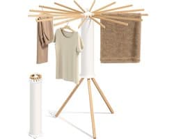 SONGMICS LLR530YW01 Opvouwbaar wasrek, draagbare vloerdroger, ruimtebesparend, draaibaar, uitschuifbaar, voor wasruimte, balkon, 16 houten armen, natuurlijke kleur
