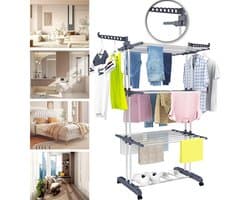 4-Laags Wasdroogrek Met Wielen - 2 Zijhaken Met Vergrendelbare Remmen - Stevig Metalen Frame - Snelle Montage in 10 Minuten Plat Op Te Vouwen - Voor Binnen- En Buitengebruik