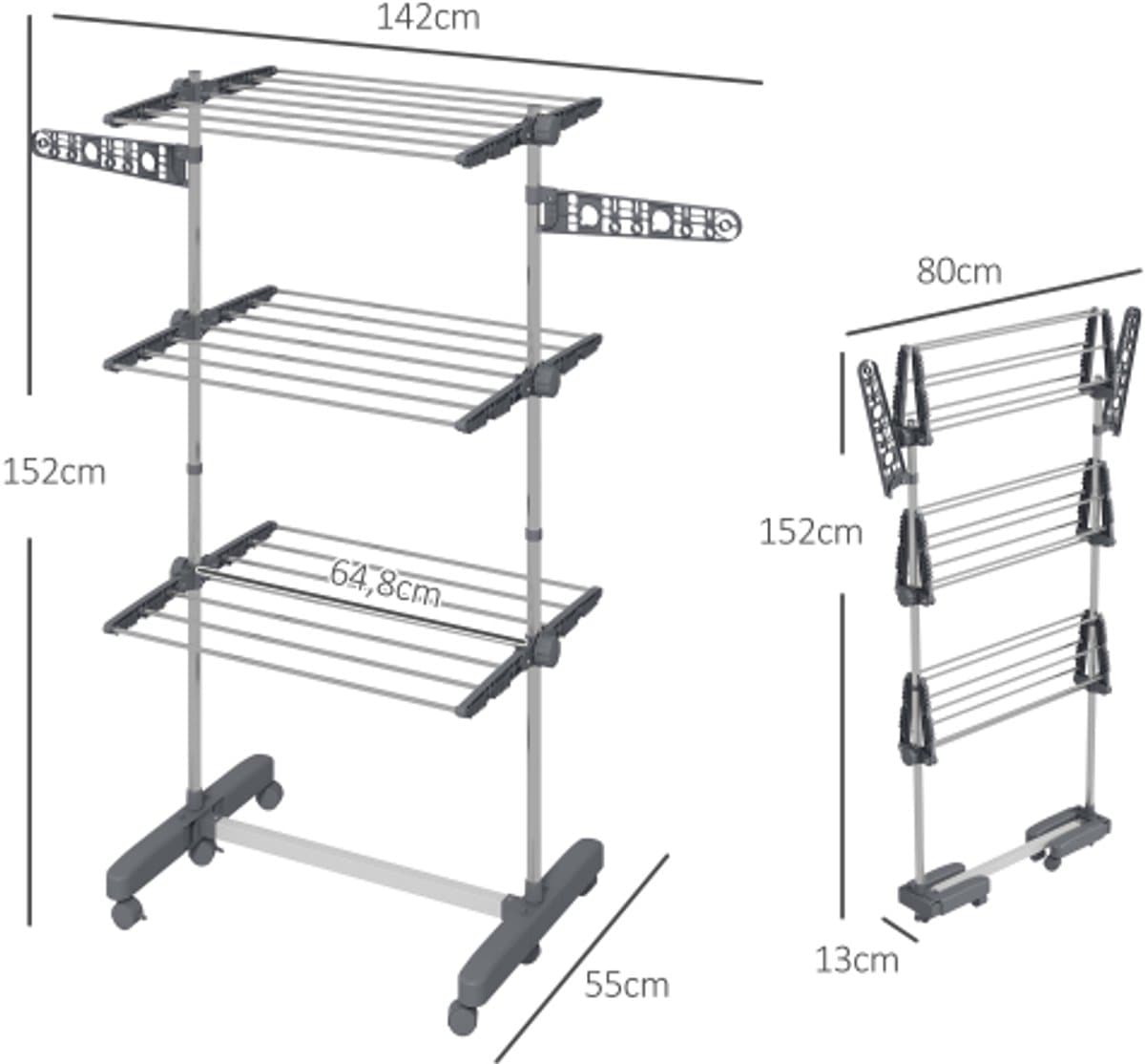 Opvouwbare Wasdroger Toren met Wielen 142x55x152cm Grijs Staal 3 Niveaus Zijvleugels 6 Zwivelwielen met Remmen — afbeelding 1